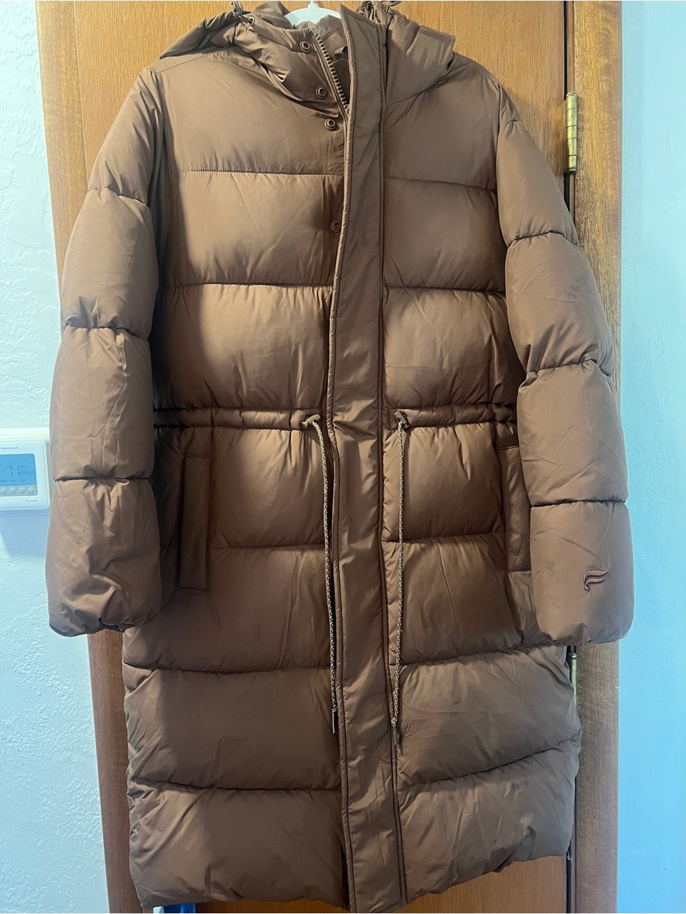 Fabletics Brown Long Puffer Coat with Hood